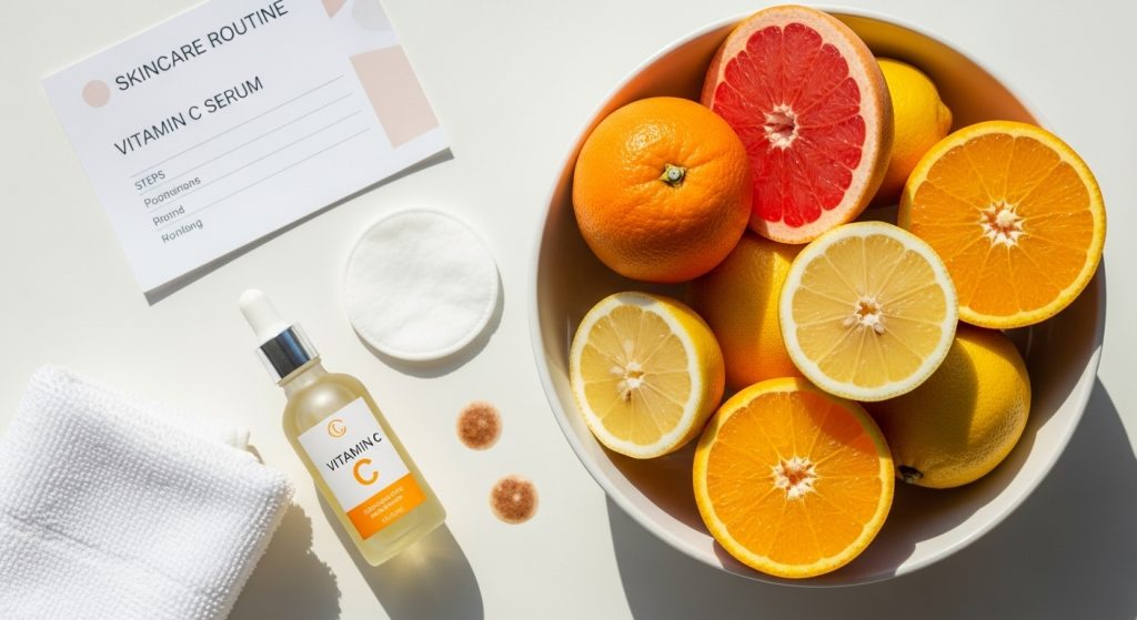 vitamin C serum for dark spots in dropper bottle next to citrus slices
