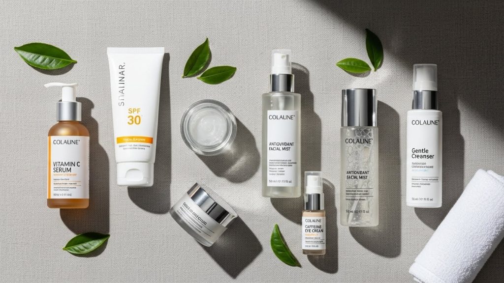 Products used in a morning anti aging skincare routine for 30s