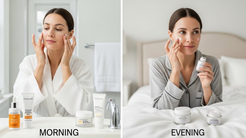 Products used in a morning anti aging skincare routine for 30s