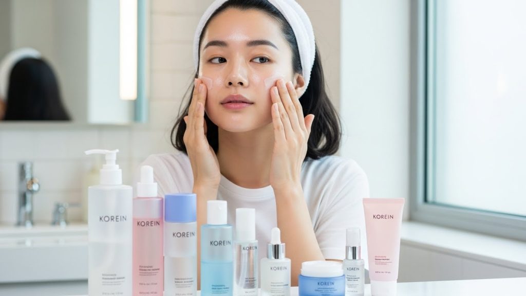 Woman following a glass skin skincare routine at home for dewy glowing skin