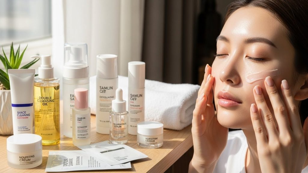 Woman following a glass skin skincare routine at home for dewy glowing skin