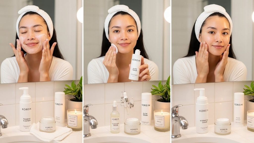 Products used in a glass skin skincare routine at home including toner essence and serum