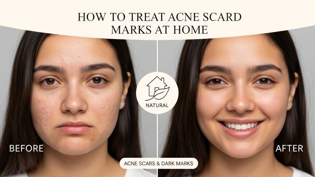 Woman learning how to treat acne scars and dark marks at home with skincare products
