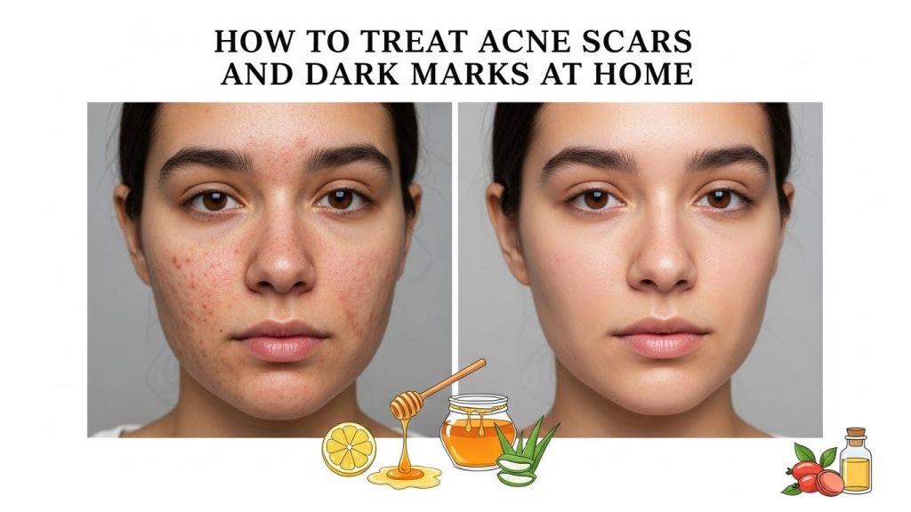 Woman learning how to treat acne scars and dark marks at home with skincare products